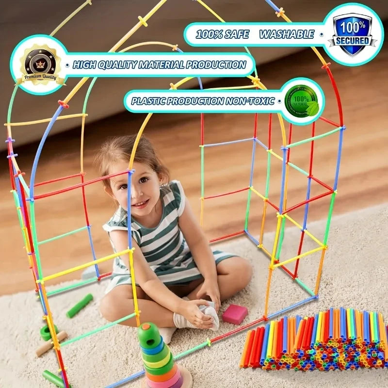 Creative Straw STEM Building Toys 100Pcs Interlocking Plastic Thin Tube Building Blocks Educational Toys for Children Boys Girls