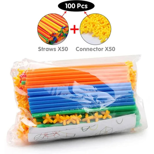 Creative Straw STEM Building Toys 100Pcs Interlocking Plastic Thin Tube Building Blocks Educational Toys for Children Boys Girls